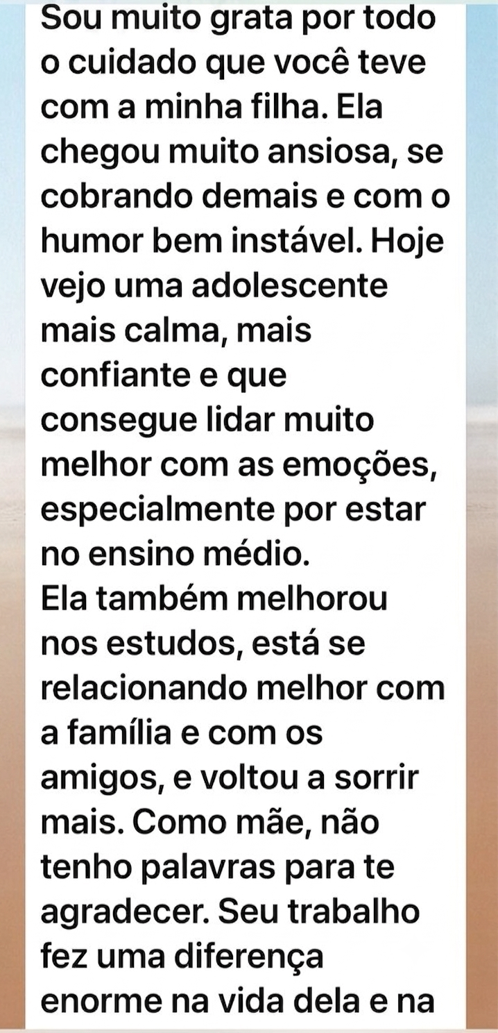 Depoimento de mãe de paciente adolescente sobre a terapia com Bianca Lanzuolo